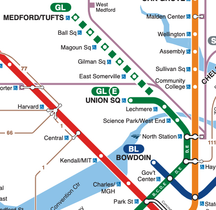Portion of MBTA rail transit map focusing on northern portion of Green Line