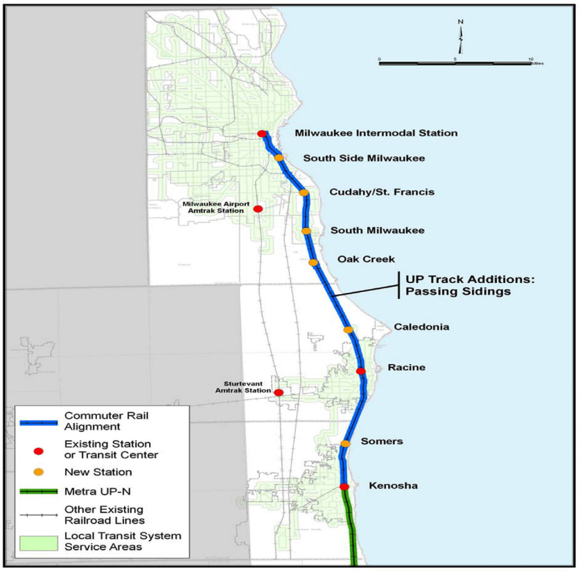 Map showing rail line and stations between Kenosha, Wis., and Milwaukee