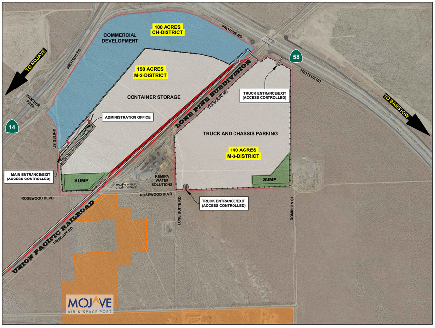 Map showing location of Mojave Inland Port in relation to Union Pacific railroad tracks, highways, and airport