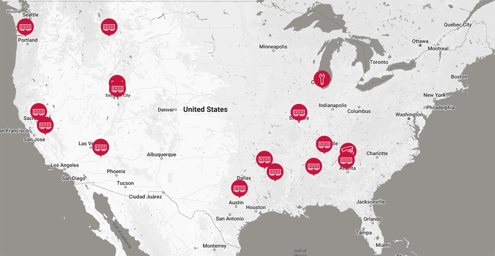 Map of US with red dots indicating location of rail properties