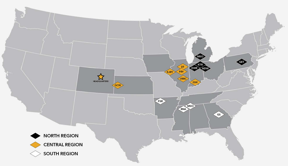 Map with diamond-shaped markers showing railroad locations