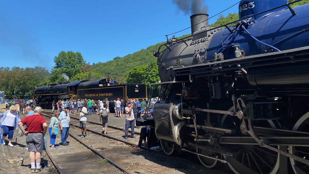Crowd gathers around two steam locomotives