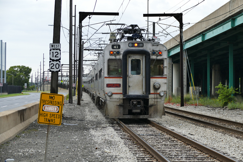 South Shore Line cars parked on railroad track