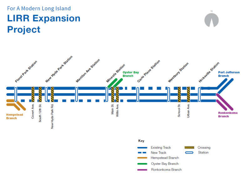 Diagram showing location of new track and other elements of the Long Island Rail Road Third Track project