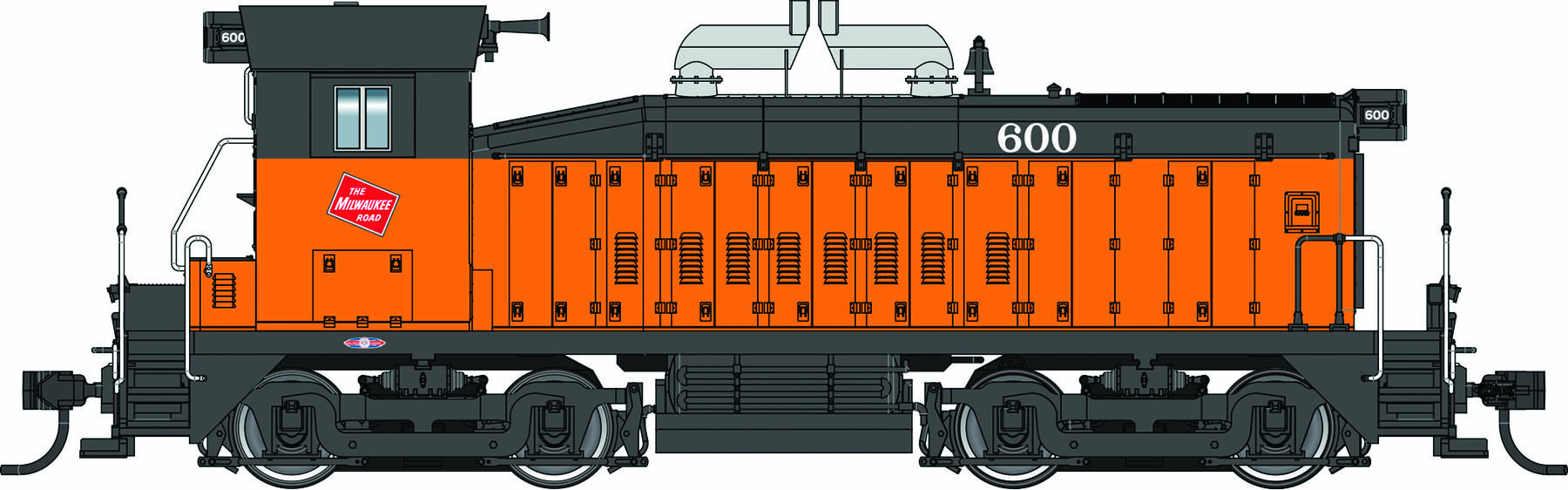 Model of orange and black train locomotive