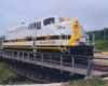 Gray-and-blue diesel Bangor Aroostook locomotive on turntable