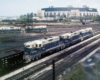 Five Bangor Aroostook locomotives in front of football stadium 