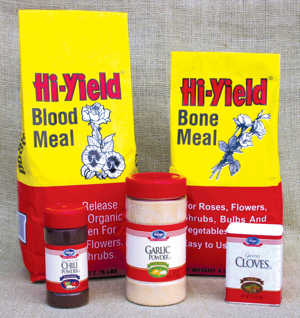 Bag of blood meal, bag of bone meal, and kitchen spices