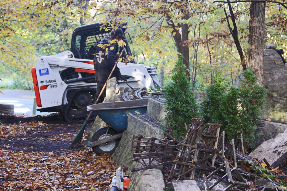 Bobcat with man nearby and piles of debris