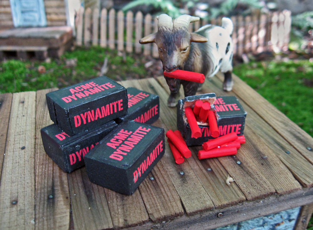 model goat chewing on stick of dynamite