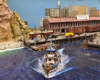 A tugboat leaves a dock across blue acrylic water with a rock bluff to the left and a brick warehouse on the rail-served wharf behind. Another wharf reaches out into the water at an angle