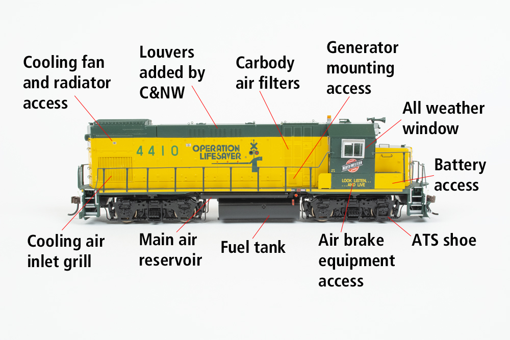 Photo of engineer’s side of HO scale four-axle hood unit on white background