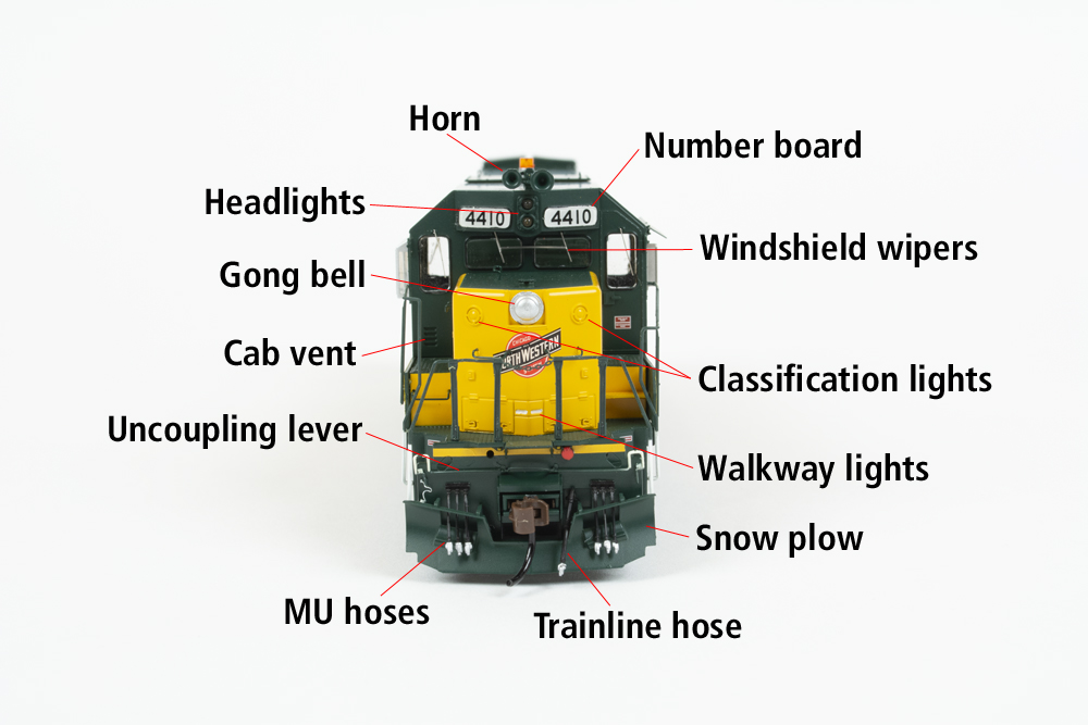 Photo of front of HO scale four-axle hood unit on white background