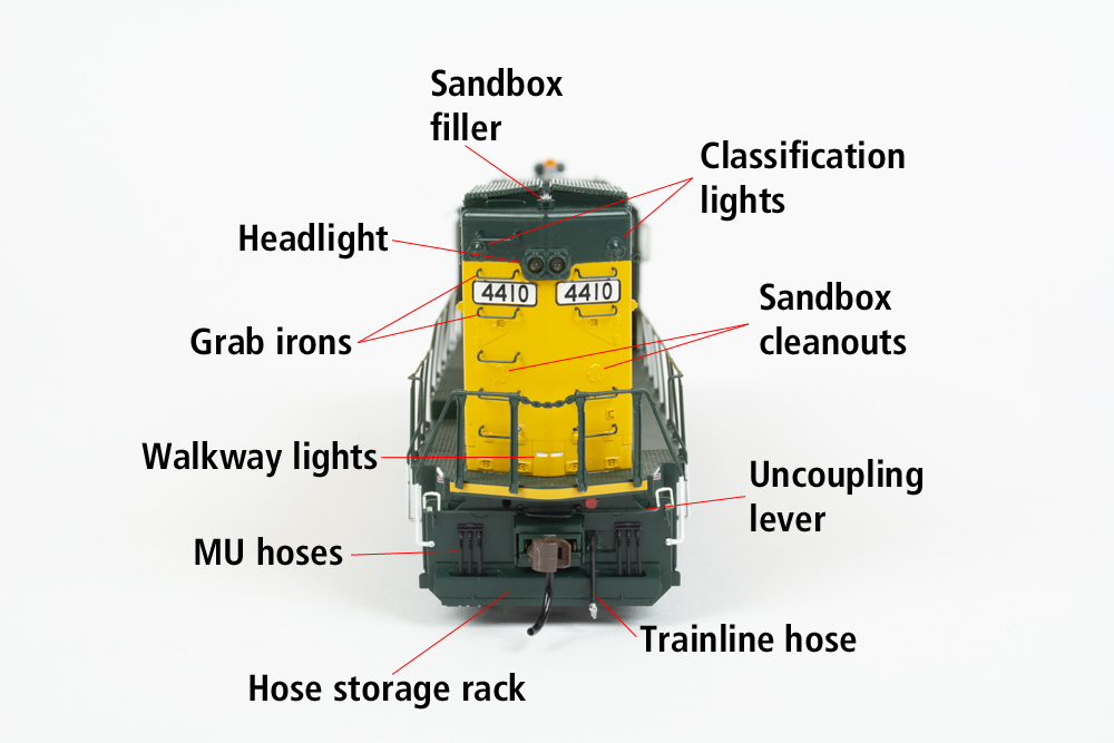 Photo of rear of HO scale four-axle hood unit on white background