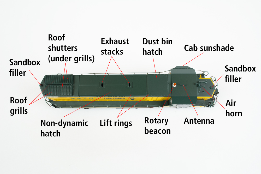 Photo of roof of HO scale four-axle hood unit on white background
