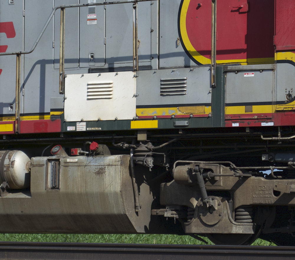 Close-up photo of repairs made to diesel locomotive