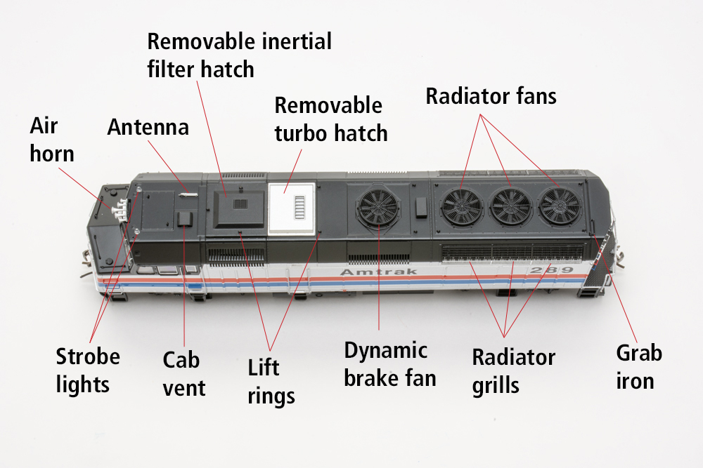 Photo of roof of HO scale cowl-bodied diesel on white background