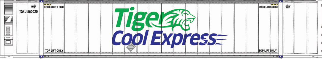 White intermodal container with "Tiger Cool Express" logo on side