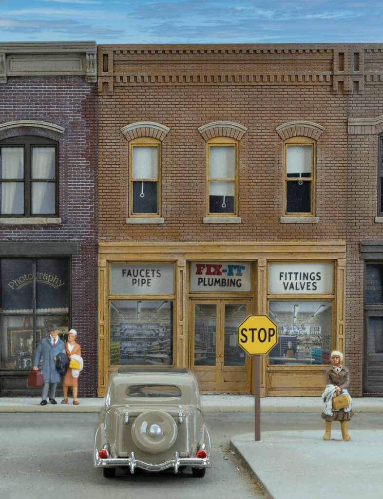 City street scene with yellow stop sign