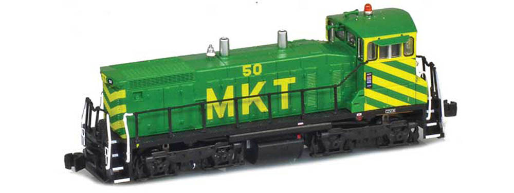 Model of green locomotive with yellow lettering and stripes