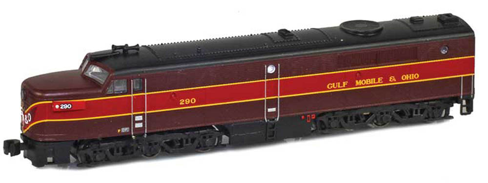 Model of maroon and red streamlined diesel locomotive