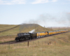 Black steam locomotive pulling 12-car passenger excursion train through rolling hills.
