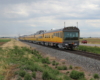 Yellow and gray passenger train traveling away from camera.