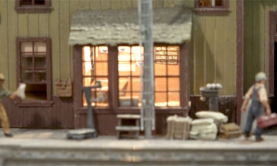 Close up view of a detailed model building scene.