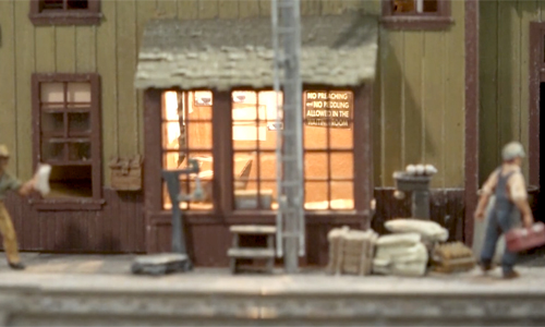 Close up view of a detailed model building scene.