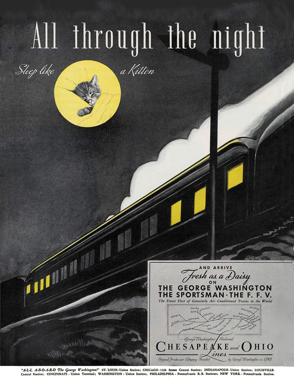 ad with kitten sleeping and drawing of trains