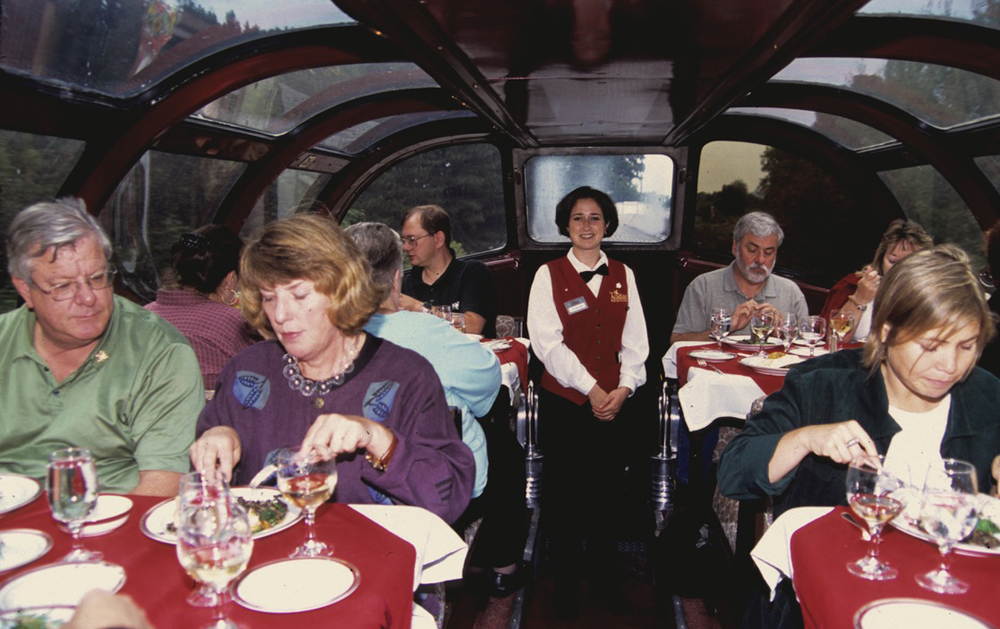 People eating at tables in dome car