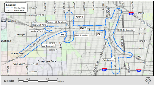 Map of rail lines in south Chicago with some lines outlined in blue