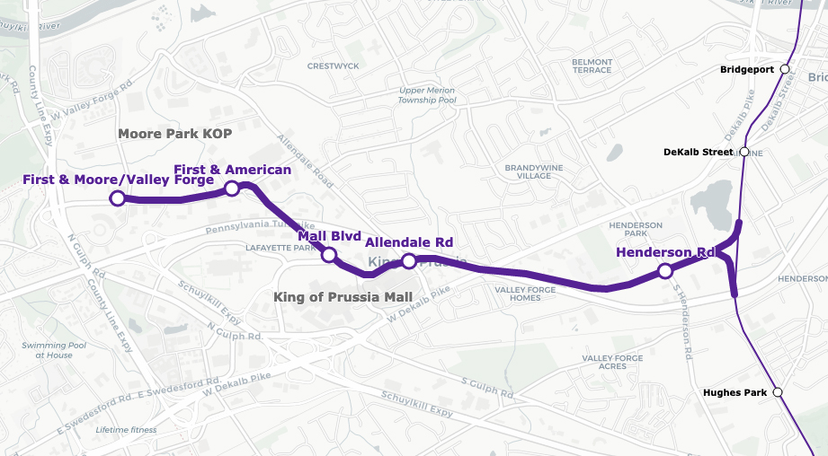 Map showing proposed four-mile branch off SEPTA Norristown line to King of Prussia, Pa.
