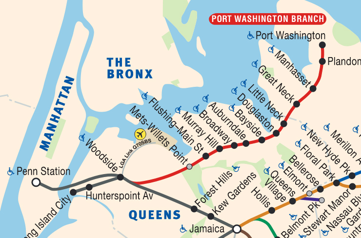 Map showing Long Island Rail Road route between Port Washington and Penn Station