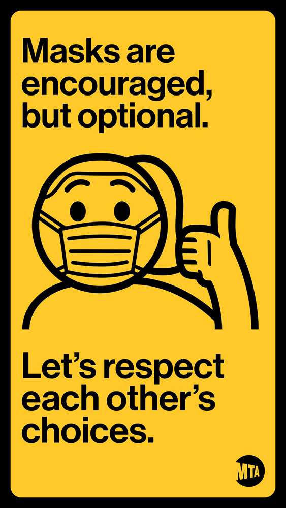 Yellow and black MTA sign notifying passengers masks are optional