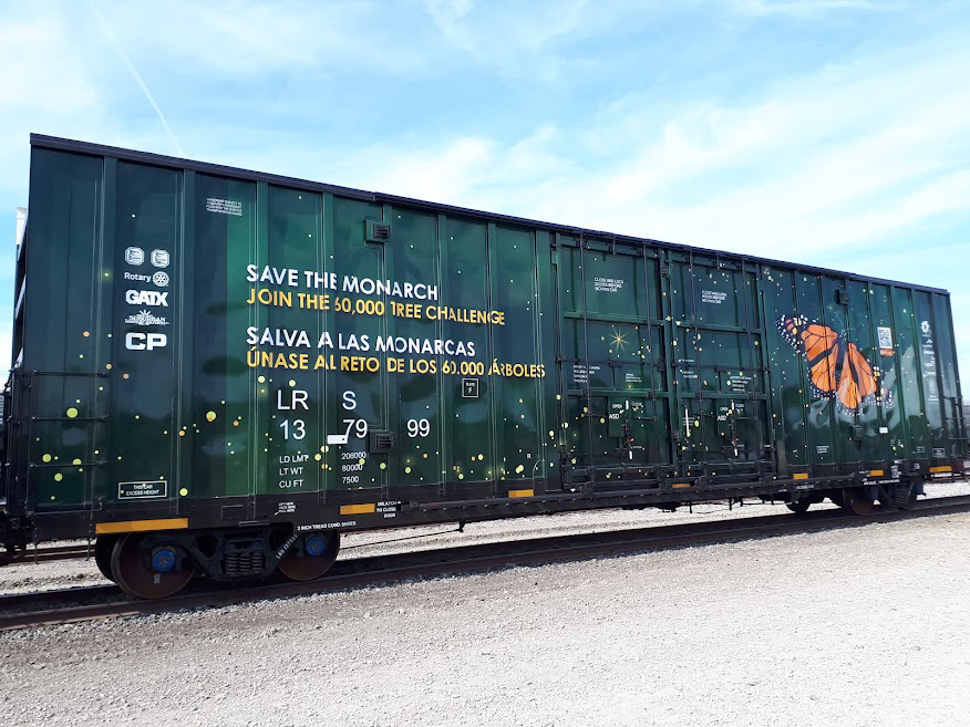 Dark green boxcar with picture of butterfly near one end