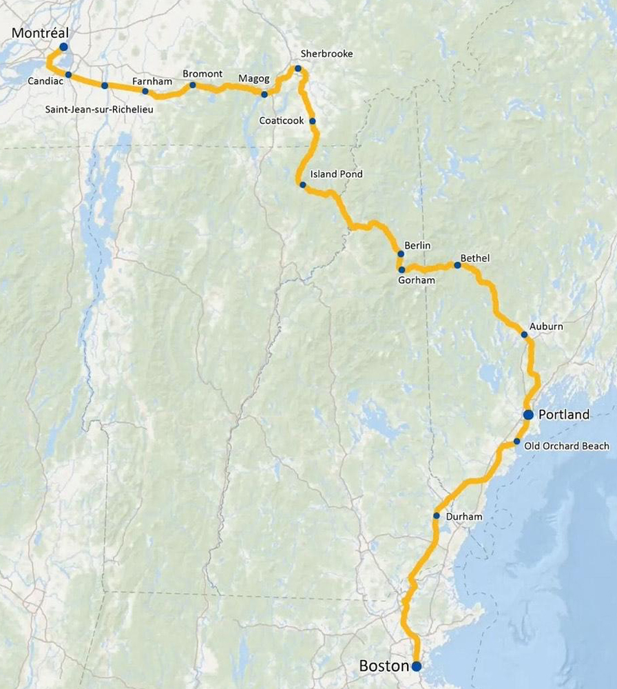 Map showing proposed passenger route from Montreal to Boston via Sherbrooke, Quebec, and Old Orchard Beach, Maine