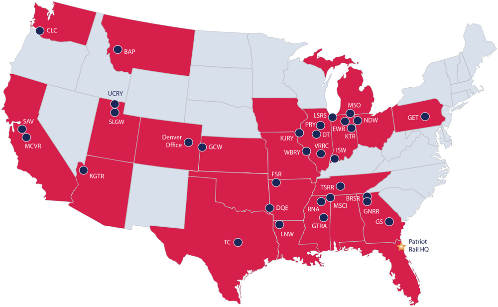 Map of U.S. showing location of Patriot Rail short lines