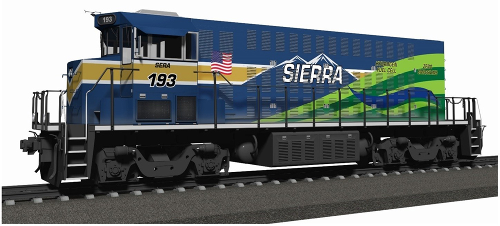 Blue, green, and gold locomotive with road-switcher design