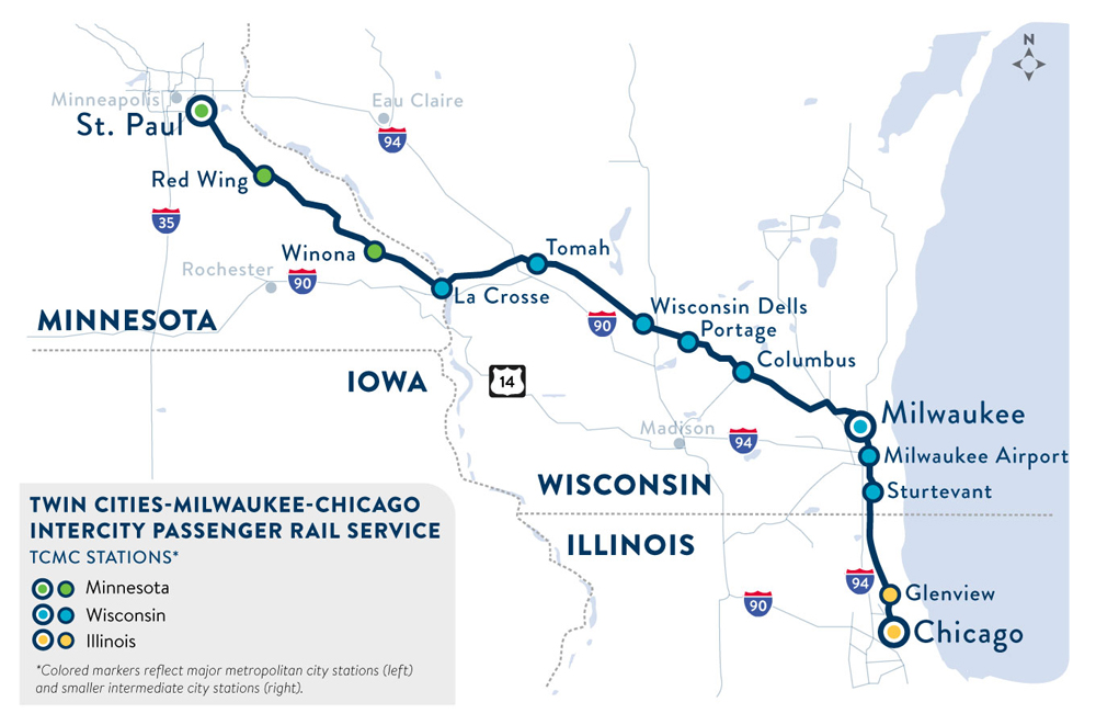 Map of passenger rail route between Minneapolis-St. Paul and Chicago