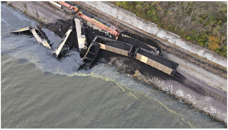 Aerial view of derailed locomotives and coal hoppers on riverbank