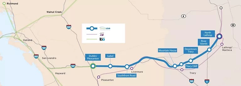 Map of a planned commuter rail line between Dublin and Lathrop, Calif.