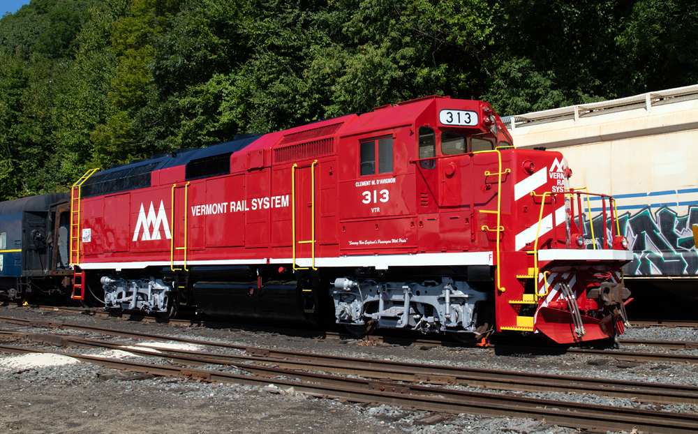 Freshly painted red and white locomotive