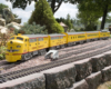 yellow model diesel locomotive on garden railway