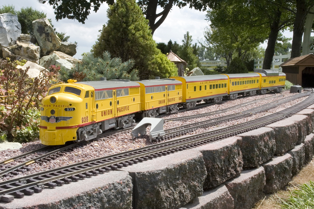 yellow model diesel locomotive on garden railway