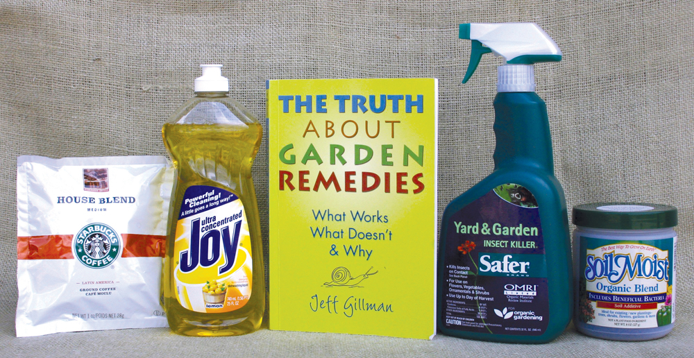 Coffee, Joy dish soap, a book, container of insect spray, soil additive