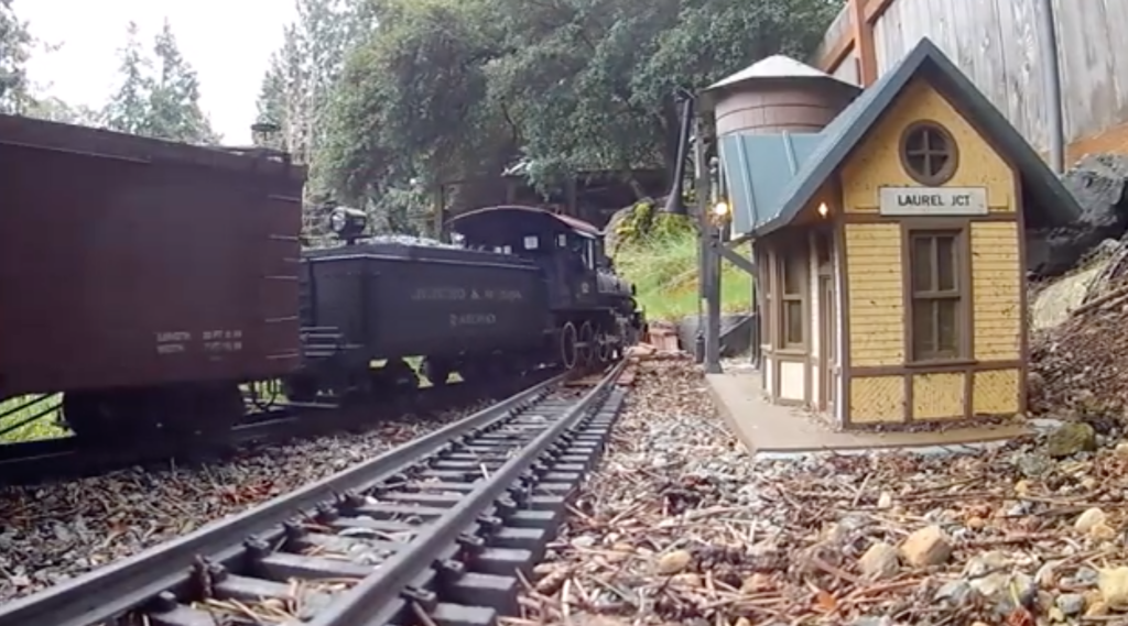 Rolling by on the hill--steam locomotive on garden railway