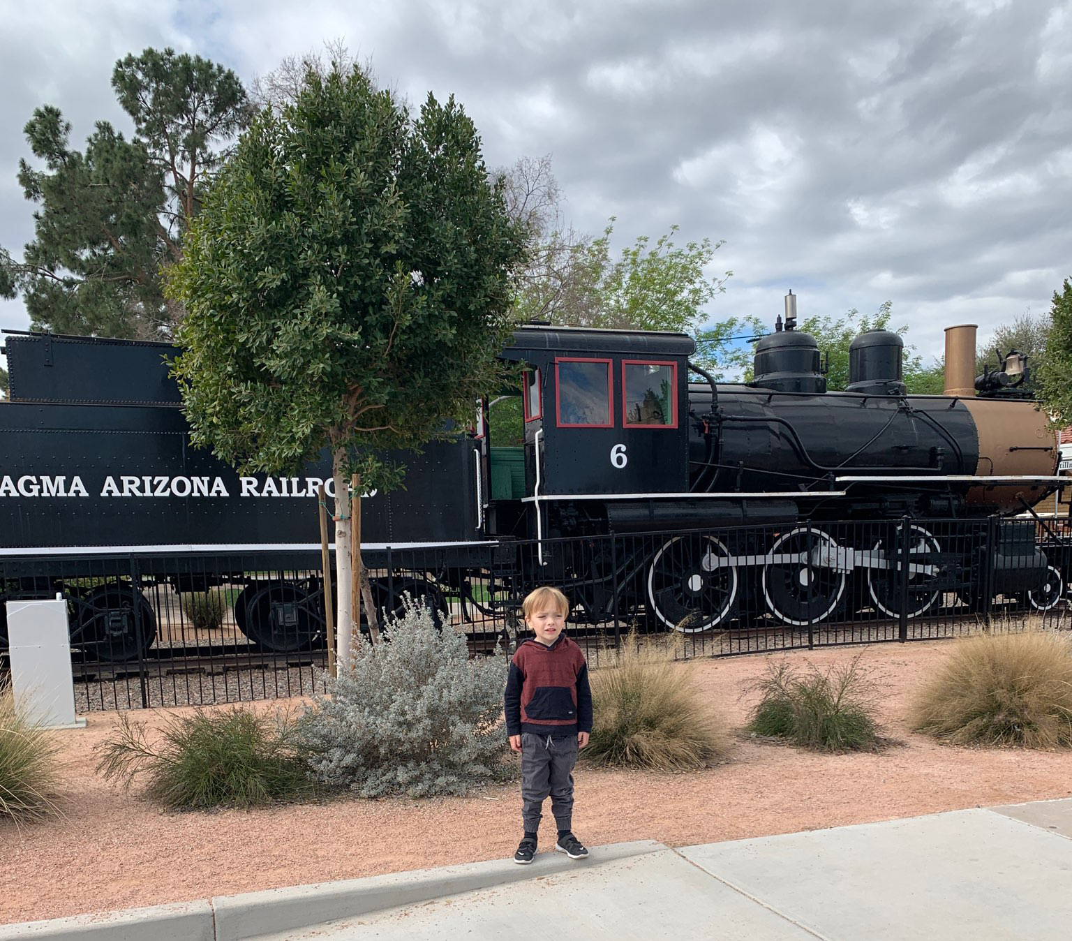 A boy stands in front of a steam engine in a park.