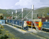 Diesel locomotives at a locomotive servicing terminal with four sand towers