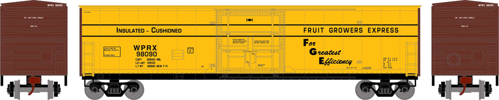 Drawing of yellow boxcar with brown ends